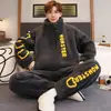 Pijama com Zíper Masculino Outono Inverno Coral Fleece Espessado Mais Veludo Quente Jovens Cardigan Roupas de Casa Conjunto Casual Masculino