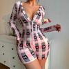 Mono Ajustado Sexy Transfronterizo Europeo y Americano de Shopify, Cuello en V Profundo, Lazo, Estampado a Cuadros, Mangas Largas, Pijama de una Pieza