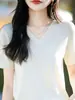 Nuevo Estilo Verano 2026 Suéter de Punto con Cuello en V para Mujer, Versátil, Holgado, Transpirable, Camiseta de Manga Corta de Algodón Puro, Top Adelgazante