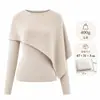 Suéter de tricô assimétrico estilo xale para mulheres, Suéter drapeado de manga longa com gola redonda Shein, top de moda slim fit