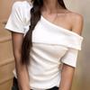 Amazon Cross-Border Novo Estilo de Verão Desejo Puro Slim Fit Gola Assimétrica Top Curto Camiseta Pg0295