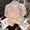 Camisa de gasa con cuello de muñeca floral dulce francés para mujer, diseño de verano, top elegante y único.