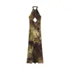 Vestido Longo Vintage com Estampa de Tinta, Decote Halter com Recorte, Slim Fit, Costas Nuas, Vestido de Férias, Vestido para Fotografia de Viagem no Deserto, Em Estoque