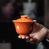 Cuenco pintado a mano Shanding con tapa Roja Vanadio Color bajo vidriado Cuenco con tapa Sombra de Bambú Blanco Taza de Té Cerámica Juego de Té Kung Fu Cuenco de Mano Taza