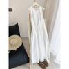 Estilo Resort de Praia Francês Levemente Luxuoso e Bonito Vestido Longo Branco Sem Mangas de Algodão e Linho com Cintura Marcada