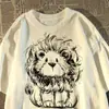 Camiseta de seda de leite com estampa de leão estilo americano, manga curta, para homens e mulheres, moda de rua de verão, top largo e solto