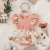 Ropa de bebé vestido de una pieza, mameluco de triángulo con lazo de encaje floral para bebé, mameluco de algodón de manga corta de 120g