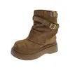 Em estoque 2026 Botas de Cano Curto Marrom Retro Camurça Sola Grossa Femininas Outono Inverno Novo Estilo Decoração com Fivela de Metal Versátil Botas Martin Tendência