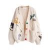 Suéter de Tricô Jacquard Bordado Estilo Europeu e Americano, Cardigan Suéter Botão Bordado Letra Solto Personalizado para Mulheres
