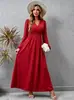 Nuevo Estilo Europeo y Americano Estación Independiente Comercio Exterior Floral Cuello en V Manga Larga Ceñido a la Cintura Fruncido Vestido Dobladillo Amplio Estampado Moderno Versátil