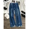 Calça Jeans Reta Rasgada para Mulheres, Estilo Fino de Verão, Novo 2026 Cintura Alta, Caimento Solto, Emagrecimento para Figuras Baixas, Calça Pantalona Cropped