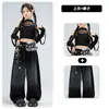 Roupa de Jazz Infantil para Meninas, Conjunto de Roupa de Dança Cropped de Renda com Strass, Roupa de Performance de Street Dance Jazz para Meninas