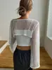 Top de Malla Cruzado Europeo y Americano Color Sólido con Cortes Primavera y Otoño Casual de Manga Larga Ultra Corto Camiseta Casual Ropa para Mujer