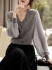 Suave Elegante Costura de Manga Cuello V Cuello Alto Prendas de Punto Otoño Nuevo Cuello Alto Estilo Francés Estilo Occidental Top Adelgazante para Mujer