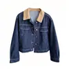 ¡Atmosférico! Elegante chaqueta vaquera con bloques de color, diseño de un solo pecho con múltiples botones, estilo corto que hace que las mujeres petite parezcan más altas, una nueva colección de otoño para mujeres