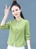 Nova moda de verão casual, camisa de Tencel para mulheres, estilosa, solta, modeladora, mangas de três quartos, gola franzida, top versátil