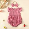Mameluco Nuevo para Niñas Estilo Verano Mameluco de Algodón a Cuadros de Manga Corta para Bebé Niña Conjunto de Dos Piezas de Mameluco para Niñas con Diadema