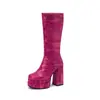 Botas de moda com estampa de leopardo bico quadrado zíper lateral cano médio Botas de cavaleiro plataforma dupla salto alto grosso 40-50 botas de comércio exterior