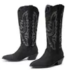 Botas de caña alta transfronterizas de otoño e invierno, botines versátiles de punta fina, botas para mujer de talla grande, zapatos de tacón alto con bloques de color, botas vaqueras de tacón cuadrado de comercio exterior