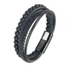 Pulseira Masculina de Aço Inoxidável e Couro Estilo Punk Simples com Contas Foscas Pretas e Fecho Magnético Tecido Preto