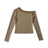 Spice Girls Sexy Ombros Inclinados Listrado Top Outono e Inverno Nova Clavícula Distintivo Irregular Slim-Fit Slimming Manga Longa