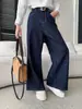 Cisnann Outono Novo Vintage Jeans Azul Escuro de Cintura Alta Solto de Perna Larga com Caimento para Figuras Tipo Pera SN9259