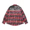 Camisa xadrez de manga comprida lavada e com efeito desgastado, estilo solto e casual, camisa masculina com retalhos e lapela para primavera/outono, marca da moda