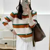 Cardigan de tricô casual moderno com blocos de cores listrados para mulheres, nova versão coreana 2026, solto, macio e suave, casaco suéter