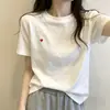 190g Algodão Macio para Água 95% Algodão 5% Elastano Bordado de Coração Azul Camiseta de Manga Curta para Mulheres, Novo Estilo de Verão Blusa Solta
