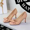 2612-H137 Estilo Dulce Francés Punta Redonda Sin Cordones Charol Tacones de Aguja Decorados con Lazo con Suelas Rojas para Mujer