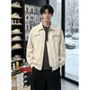 Chaqueta Retro de Trabajo Color Sólido con Decoración de Cremallera Nueva Versátil para Primavera y Otoño Cuello Americano Casual de Calle Ropa Exterior para Hombre