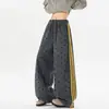 Calça de moletom esportiva rosa com estampa de estrelas e três listras, unissex, moderna, modelagem solta, estilosa, high-street, descolada, perna larga, calça longa casual
