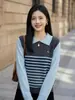 Suéter de Punto de Seda y Lana Nuevo para Primavera y Otoño, Cuello Polo, Manga Larga, Mujer, Bloque de Color, Rayas, Corte Holgado, Falso Dos Piezas