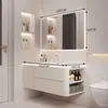 Gabinete Lateral Inteligente Combinado de Madera Maciza Estilo Crema de Lujo Ligero Gabinete de Baño con Lavabo Cerámico Integrado