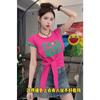 Camiseta de Manga Corta con Cuello Redondo y Dobladillo de Color Contrastante Anudado para Mujer, Estilo Nuevo, Holgada, Adelgazante, Moderna, Talla Grande para Mujer, Verano 2026
