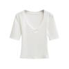Verão 2025 Puro Desejo Garota Quente Cintura Justa Revelando a Figura Top de Manga Média Branco Slim Decote em V Camiseta de Manga Curta Roupas Femininas