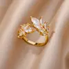 Anel Aberto Minimalista e Cool Estilo Ins com Formato de Galho de Folha e Flor, Anel de Zircônia, Anel Aberto Ajustável