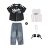 Conjunto de Dança de Rua para Menina Jeans Largo Conjunto de Manga Curta para Menino Crianças Hiphop Performance Dança de Rua Roupas da Moda para Crianças