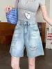 Shorts Jeans Vintage Rasgado Modelo A-Line Plus Size para Mulheres, Verão Cintura Alta Emagrecedor Reto Perna Larga Comprimento do Joelho