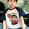 Camiseta de Algodón Popular para Niños con Bloques de Color, Costuras Visibles y Estampado de Bordado Falso, Camiseta de Manga Corta para Bebés y Niños Mayores