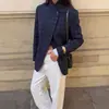 Casaco de Xadrez para Mulheres, Estilo de Trabalho, Gola Alta, Botão Único, Carcela Irregular, Manga Longa, Perna Reta, Novo