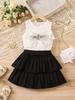 Ropa infantil transfronteriza europea y americana para niñas, top sin mangas de algodón de cuello redondo con lazo, jersey, culottes elásticos de color sólido, conjunto de dos piezas