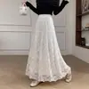 Falda larga de malla de encaje para mujer, otoño, fina, de cintura alta, adelgazante, elegante, casual