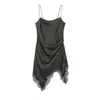 Vestido Corto Sexy Estilo Lencería de Encaje Europeo y Americano con Tirantes Finos y Cintura Fruncida Delgado