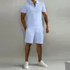 Conjunto Esportivo e de Lazer Masculino de Verão Transfronteiriço Gola Lapela Cor Sólida Novo Fechamento em Zíper na Lapela Conjunto de Duas Peças Fino de Manga Curta