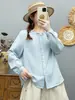 Camisa artística estilo francês de manga longa para mulheres com carcela de renda e botões coloridos, macia e amiga da pele, feita de gaze de algodão de camada dupla 100% algodão