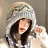 Gorro de Lana Tejido Estilo Fair Isle Retro para Mujer, Pasamontañas Cálido para Otoño e Invierno, Gorro Grueso para Proteger las Orejas