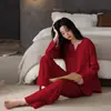 Pijama Suave de Algodón Jacquard Rojo Año del Zodiaco para Mujer, Manga Larga Estilo Primavera y Otoño, Conjunto de Ropa de Casa para Celebración de Boda