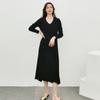 Vestido Tricô Longo de Lã Pura com Manga Longa e Decote V, Acima do Joelho, Novo Vestido Suéter de Outono, Suéter Versátil de Lã Puyuan