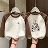 Camada de Base Térmica Infantil Outono/Inverno Nova Gola Redonda Patchwork de Lã Manga Longa Camiseta para Crianças Médias/Grandes Roupa Interna Quente Top Escovado